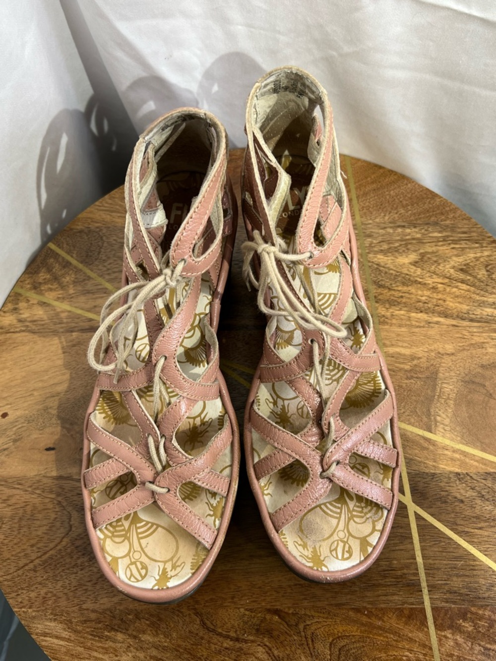 Fly London Pink Yuke Wedge Lace-Up Cutout Gladiator Sandals